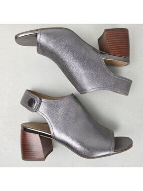 Vionic Valencia Sandal Heels Open Toe Silver Pewter Metal Leather Size 6.5